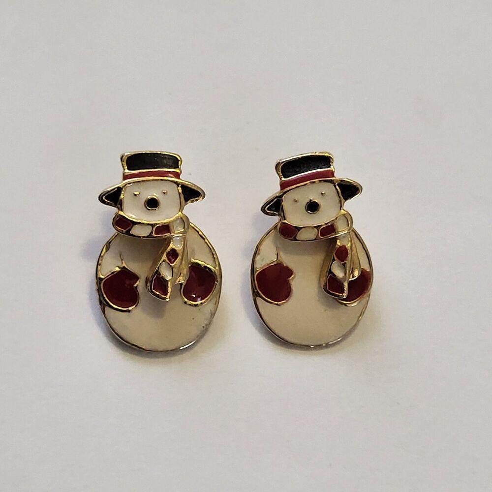 Vintage Articulated Frosty Snowman Christmas Enamel G.P. Pierced Earrings